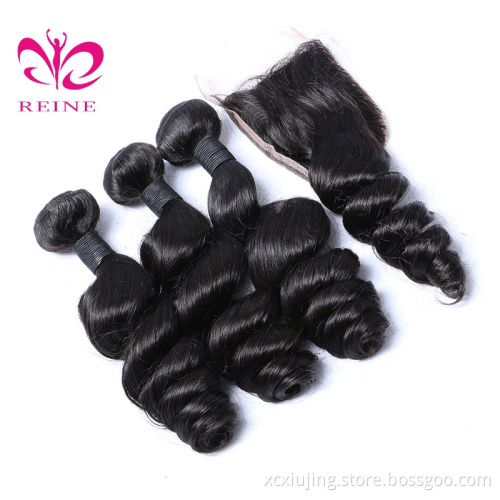 REINE wholesale free sample malaysian remy Loose wave human virgin mink hair bundles with 4*4 closure